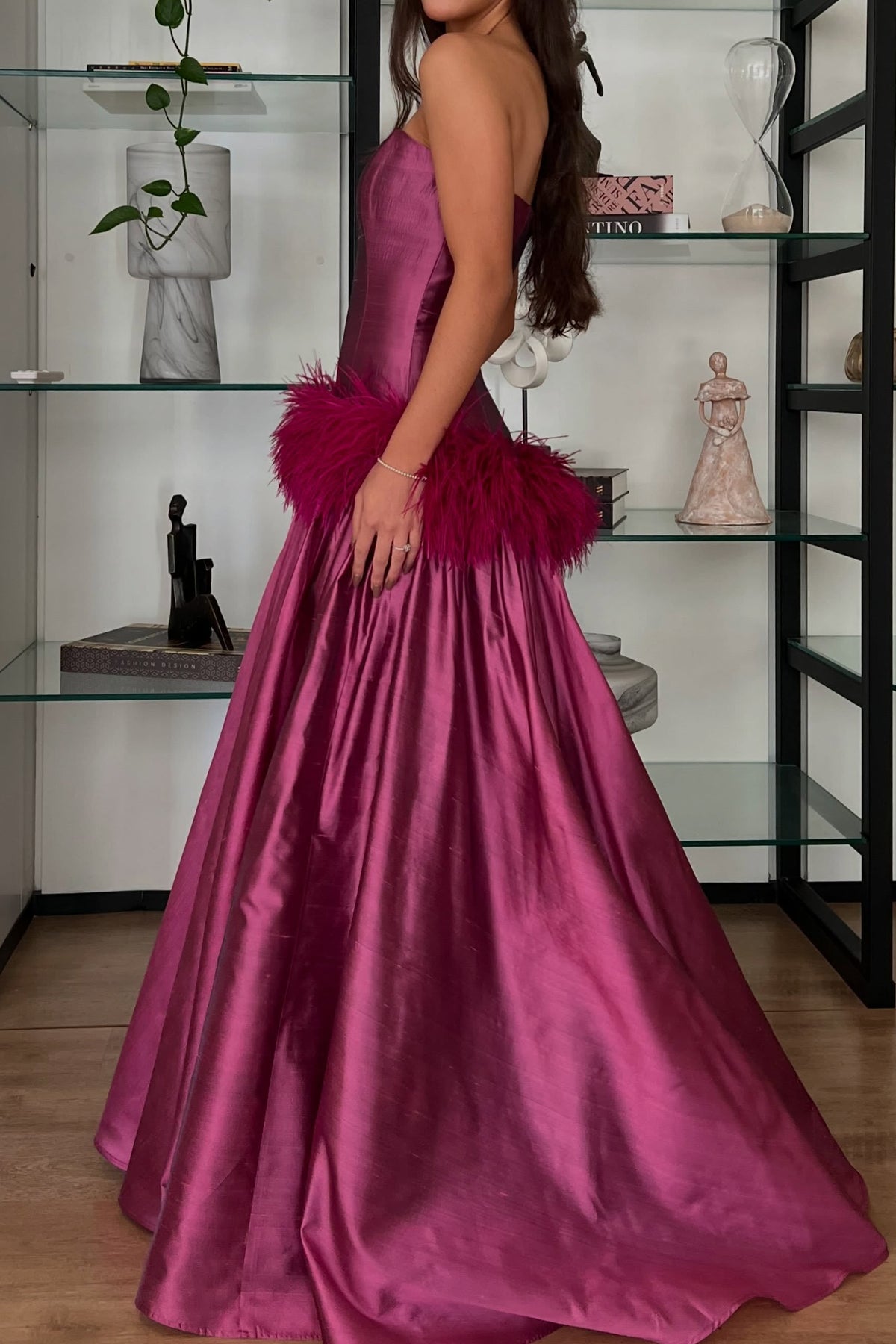 Strapless Feather Drop Waist Ball Gown