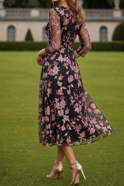 Floral Embroidered Midi Dress with 3/4 Sleeves