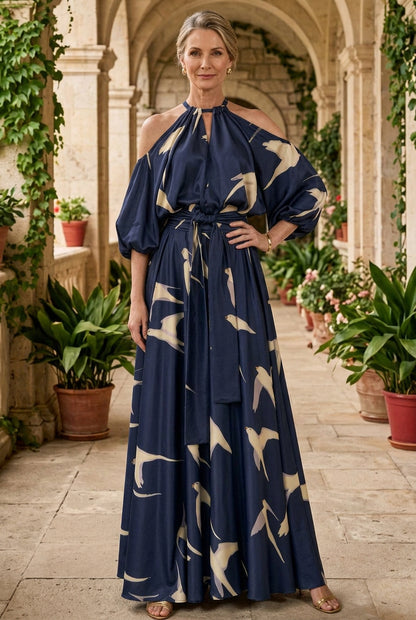 Cold Shoulder Maxi Dress with Bird Print