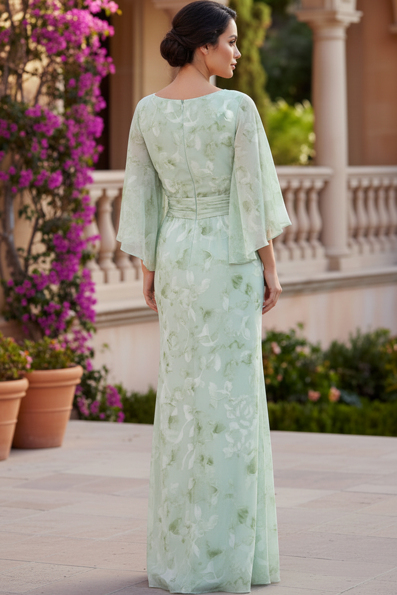 Bateau Neck Floral Chiffon Evening Gown