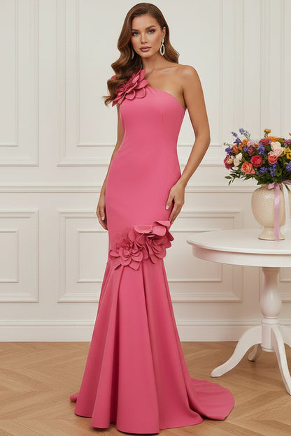 One-Shoulder Mermaid Evening Gown with 3D Flowers