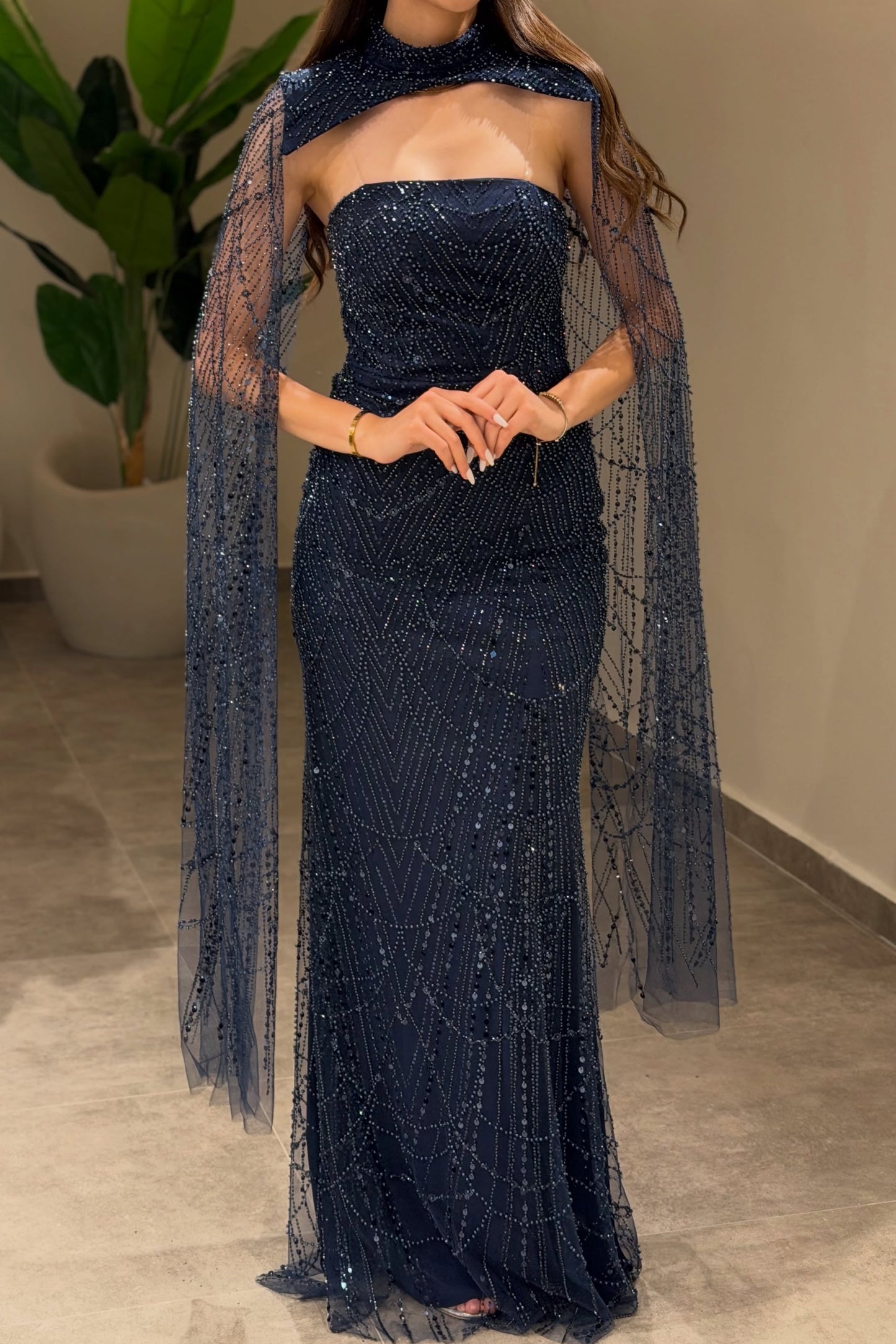 Beaded High Neck Evening Gown with Cape