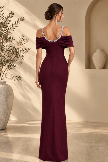 Embellished Strap Cold-Shoulder Evening Gown