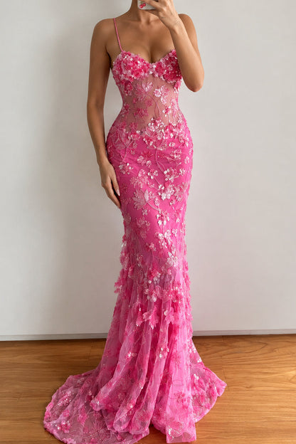 Floral Sequin Illusion Mermaid Gown with Spaghetti Straps