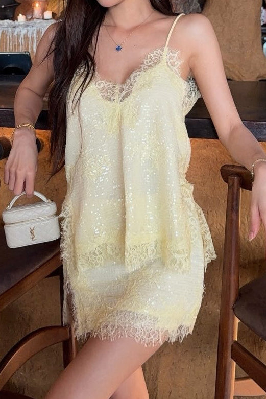 Lace-Trim Slip Mini Dress with Sequin Shimmer Fabric