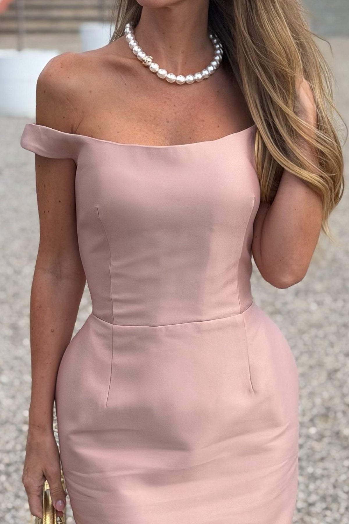 Off-the-Shoulder Midi Sheath Dress with Pockets