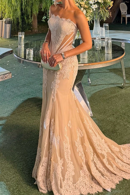 Strapless Lace Mermaid Gown with Corset Bodice