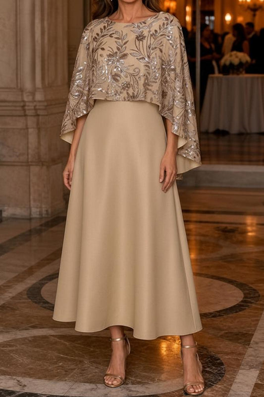 Sequined Cape A-Line Tea-Length Dress