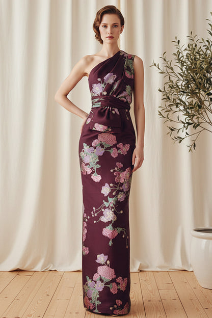 One-Shoulder Floral Jacquard Column Gown