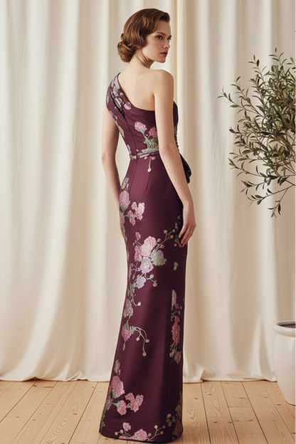 One-Shoulder Floral Jacquard Column Gown
