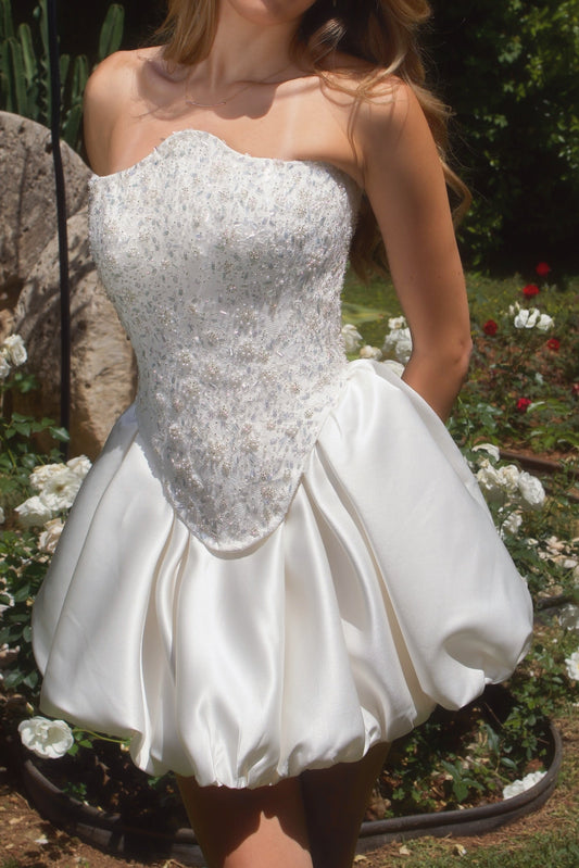 Strapless Beaded Corset Bubble Skirt Mini Wedding Dress