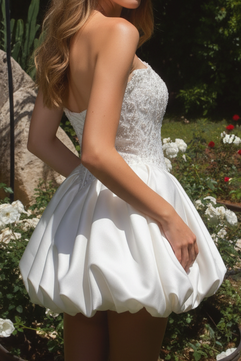Strapless Beaded Corset Bubble Skirt Mini Wedding Dress