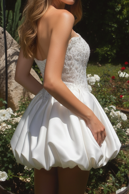 Strapless Beaded Corset Bubble Skirt Mini Wedding Dress