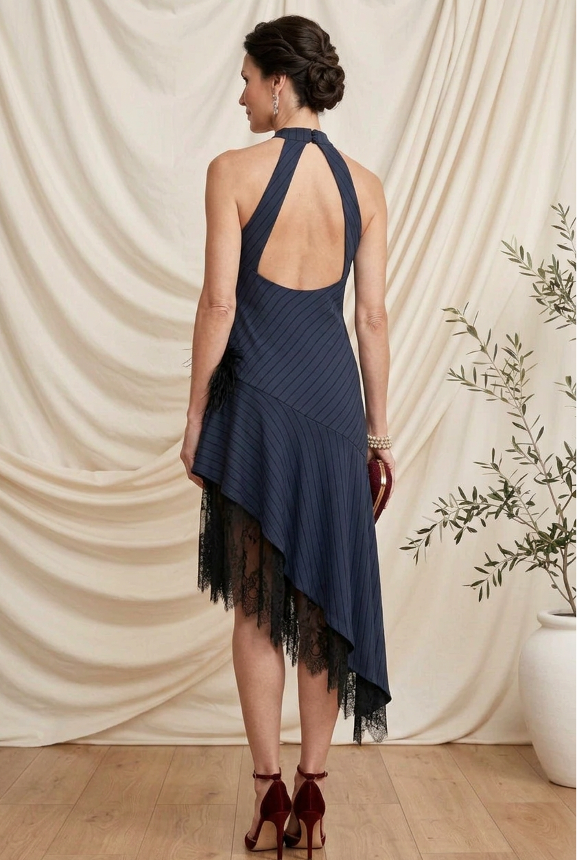 Halter Asymmetric Hem Dress with Lace and Feather
