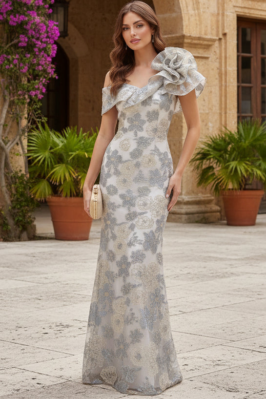 One-Shoulder Floral Embroidered Column Gown