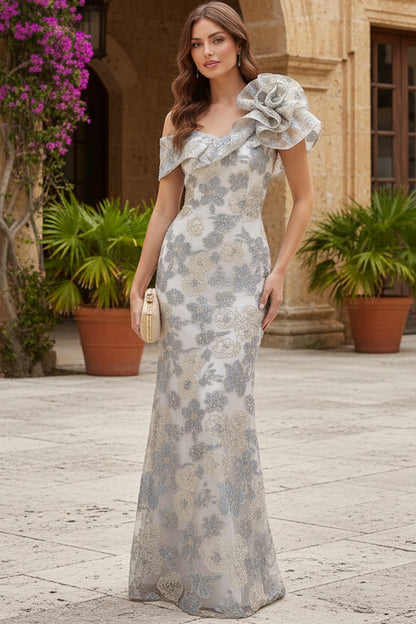 One-Shoulder Floral Embroidered Column Gown