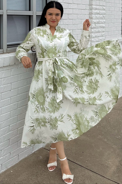 Floral High Neck Long Sleeve Midi Dress
