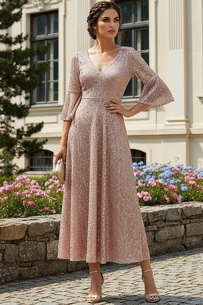Beaded V-Neck Midi A-Line Dress
