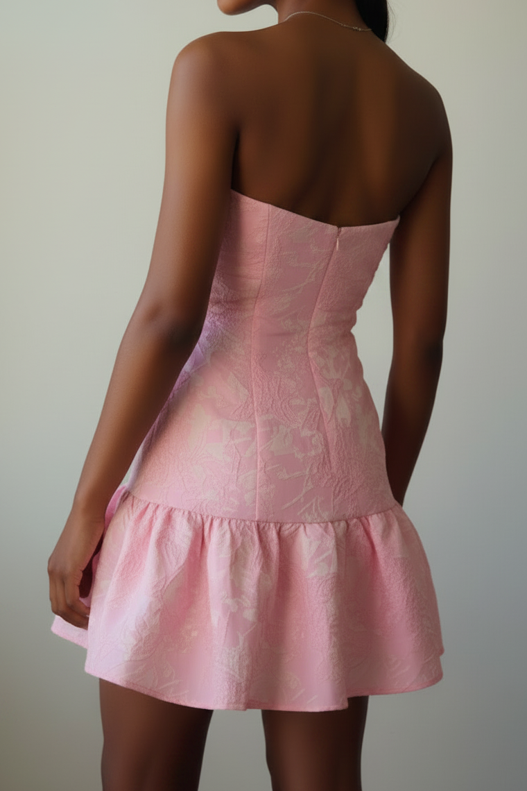 Strapless Jacquard Mini Dress with Ruffle Hem