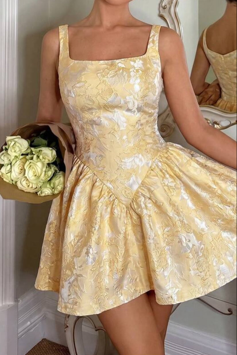 Jacquard Basqued Mini Dress with Square Neck