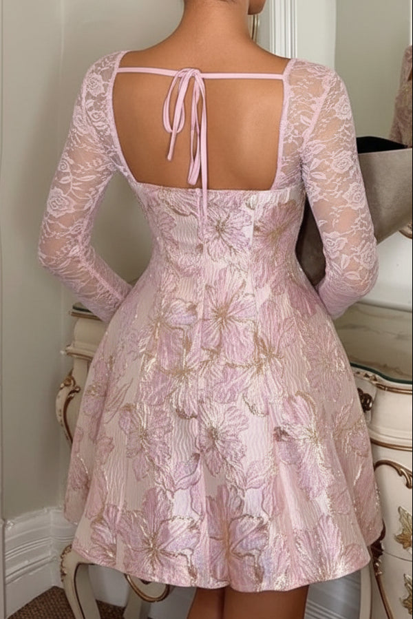 Floral Jacquard Mini Dress with Lace Sleeves