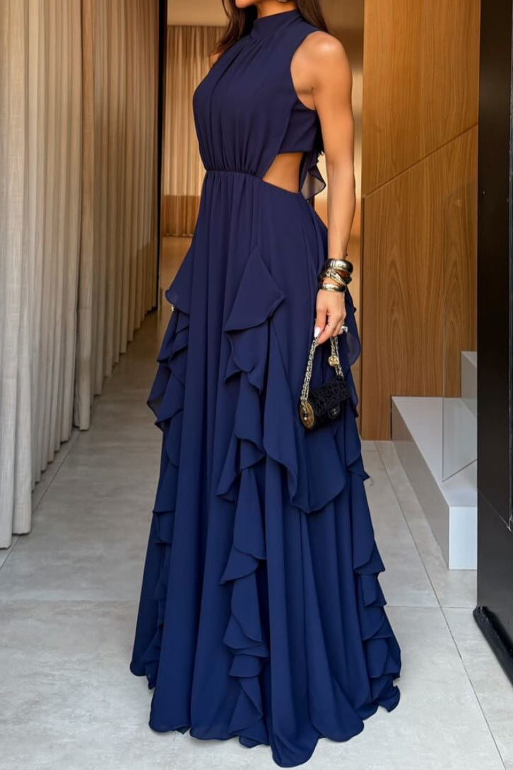 Sleeveless Ruffled High Neck Gown with Cut-Outs