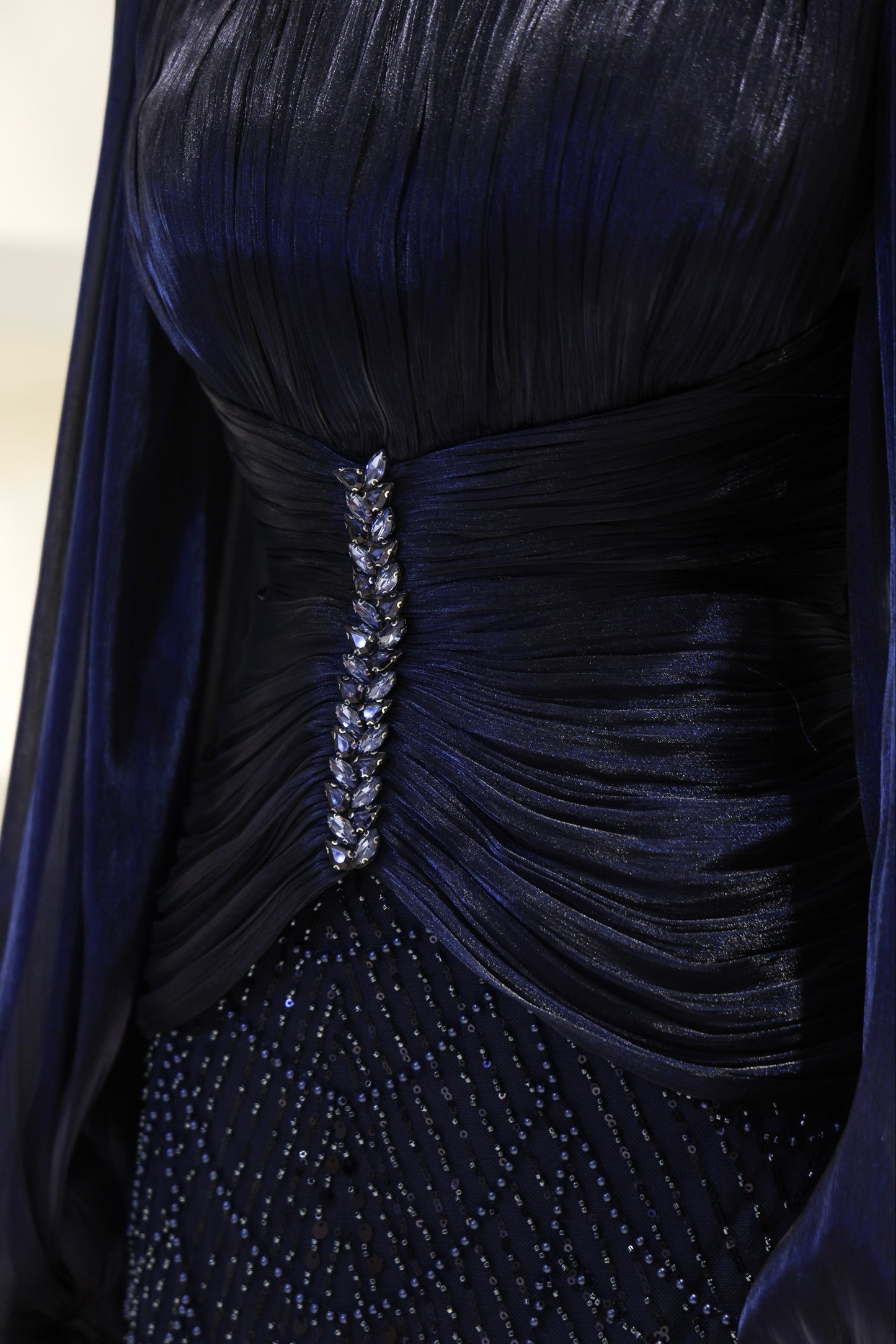 Long Sleeve Sequin Beaded Gown with Pleated Satin Bodice