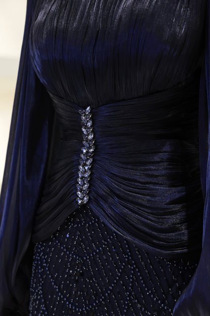 Long Sleeve Sequin Beaded Gown with Pleated Satin Bodice