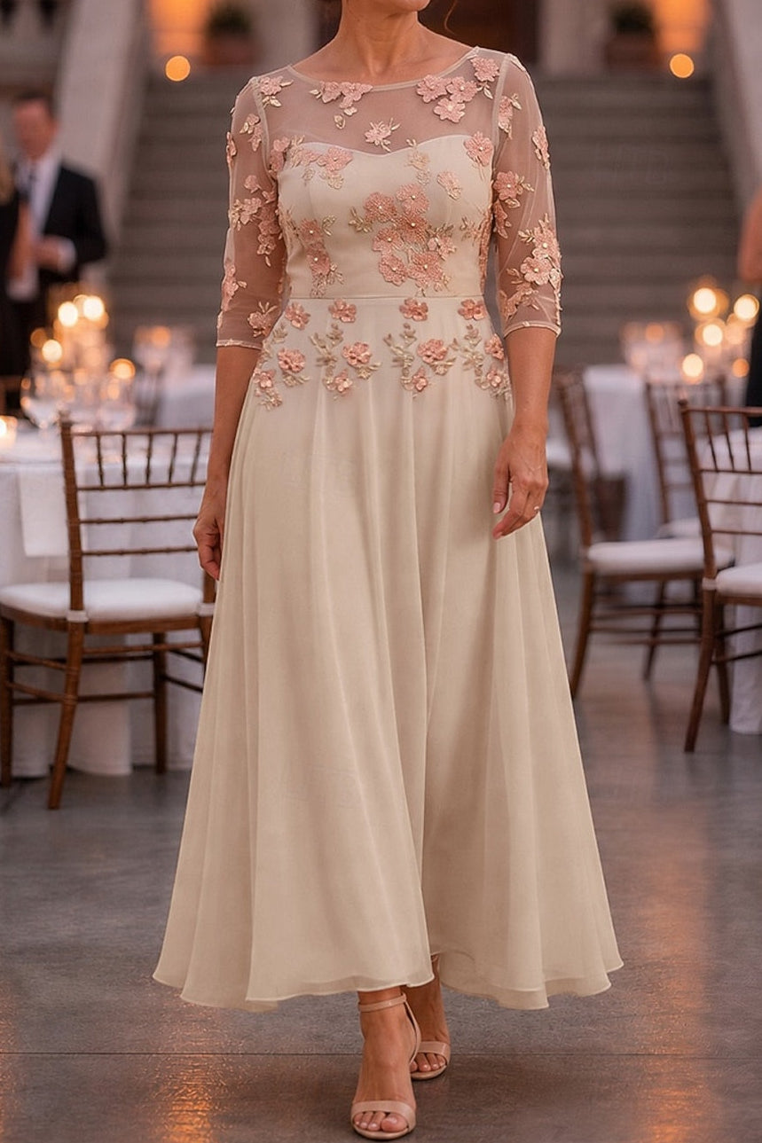 Floral Applique Illusion 3/4 Sleeve Tea-Length Dress