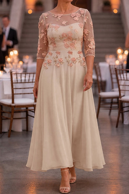 Floral Applique Illusion 3/4 Sleeve Tea-Length Dress