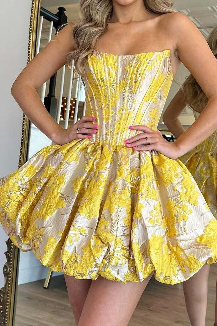 Strapless Corset Jacquard Bubble Skirt Mini Dress
