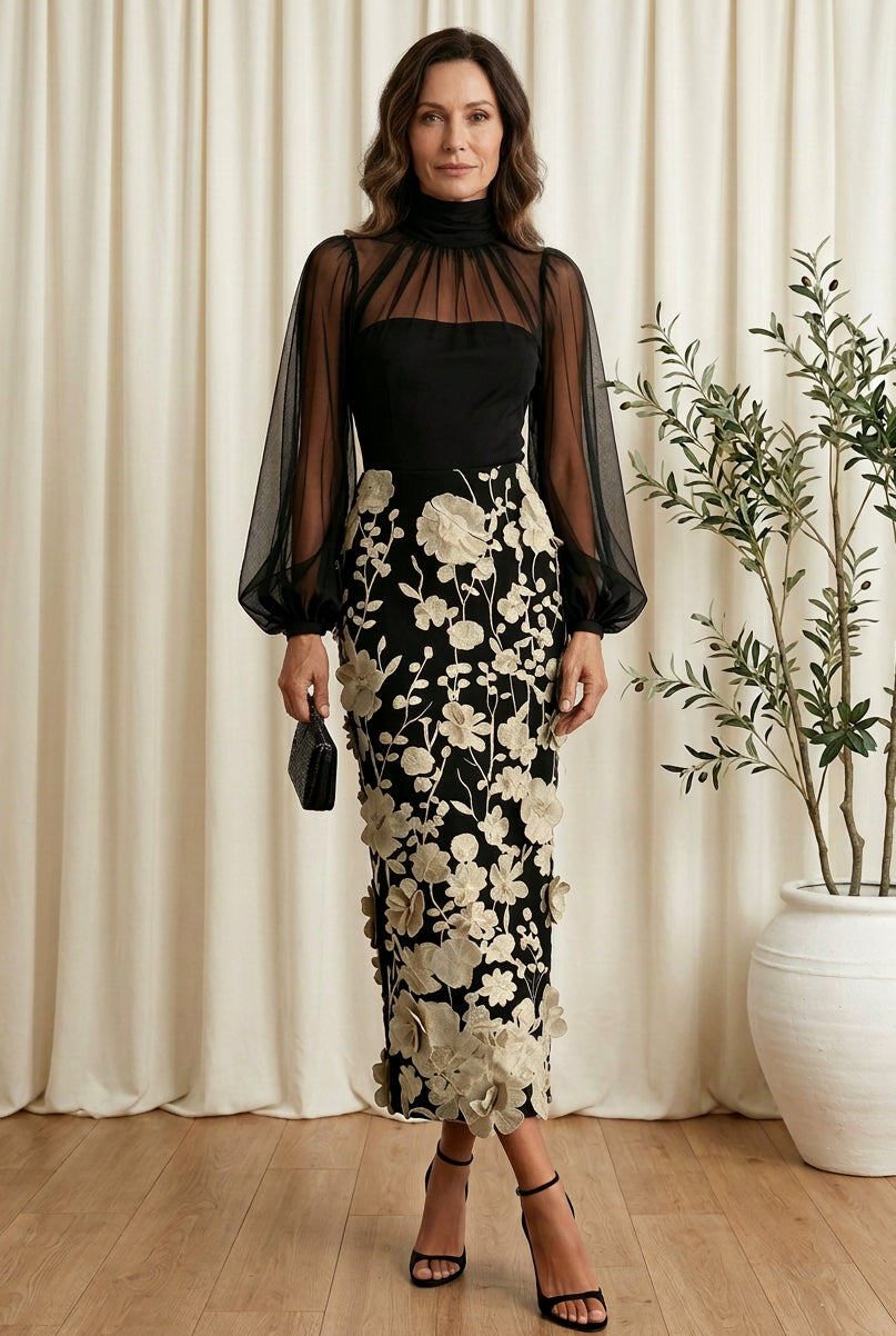 High Neck Illusion Sleeve 3D Floral Midi Dress