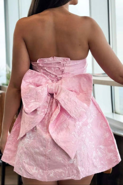 Strapless Jacquard Mini Dress with Oversized Back Bow