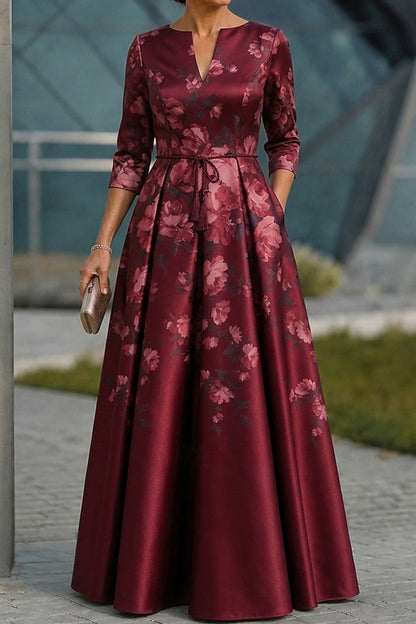 Floral Satin A-Line Gown with 3/4 Sleeves