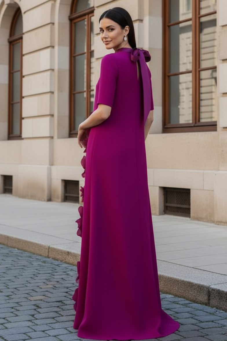 3D Floral Applique High Neck Evening Gown