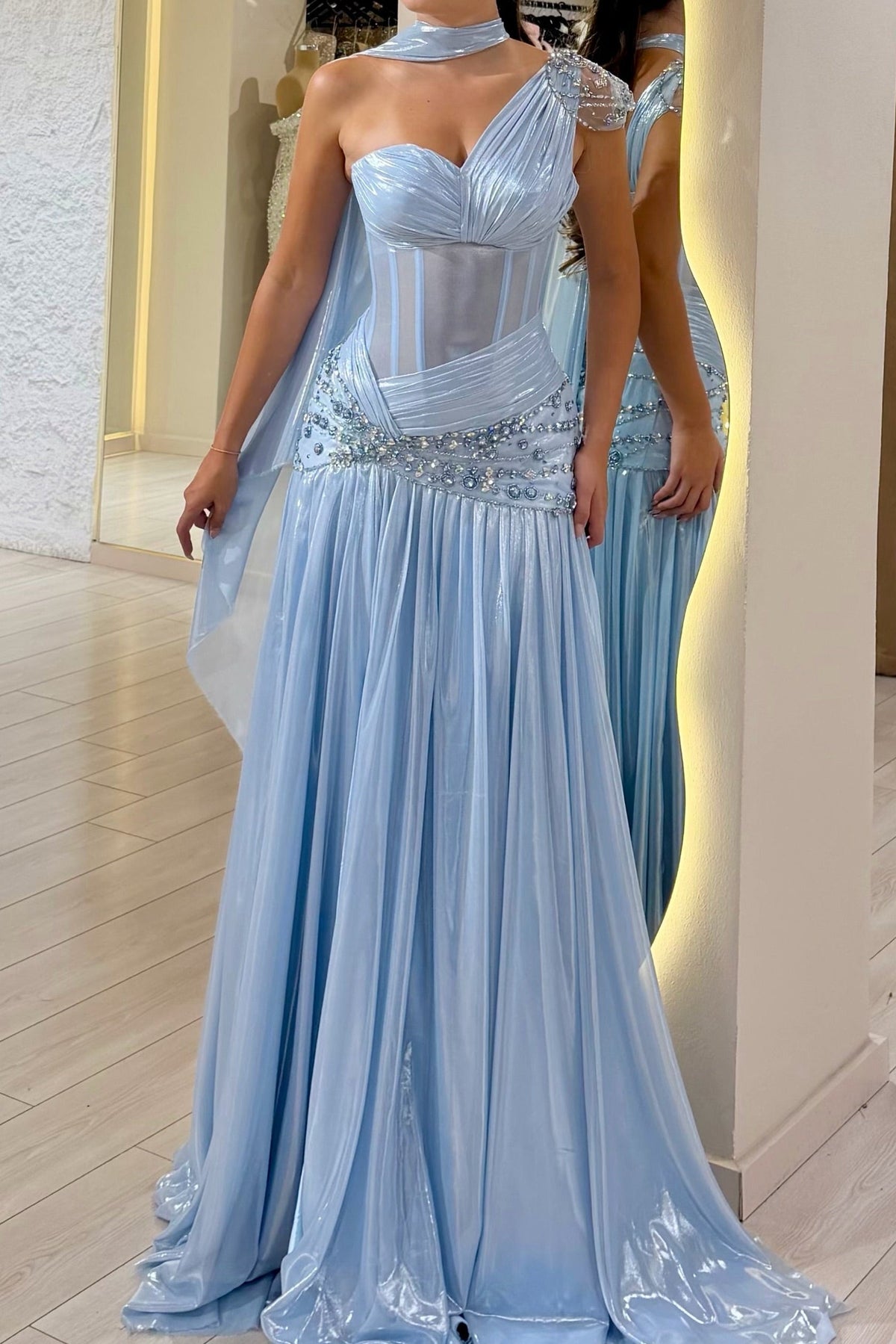 One-Shoulder Corset Gown with Beaded Waist