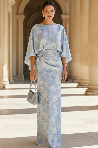 Floral Jacquard Cape Sleeve Evening Gown