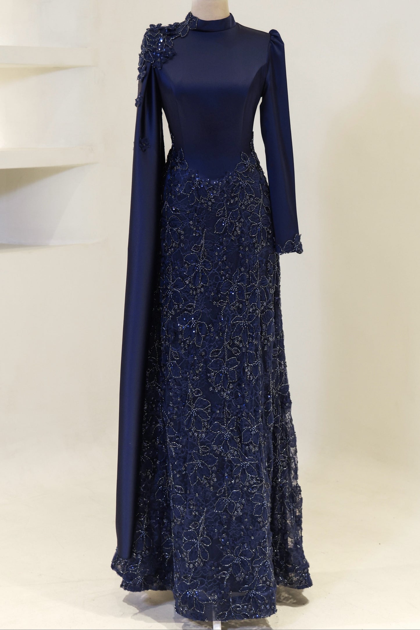 High-Neck Long-Sleeve Evening Gown with Floral Cape