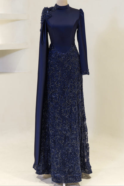 High-Neck Long-Sleeve Evening Gown with Floral Cape
