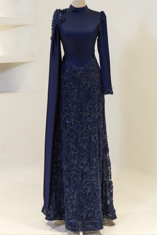 High-Neck Long-Sleeve Evening Gown with Floral Cape