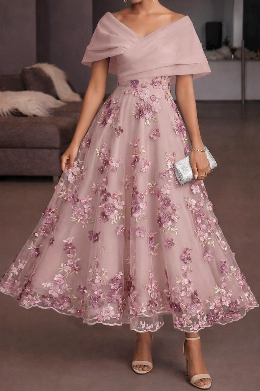 Off-Shoulder 3D Floral Tea-Length Evening Dress