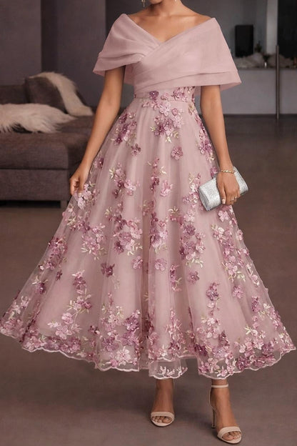 Off-Shoulder 3D Floral Tea-Length Evening Dress