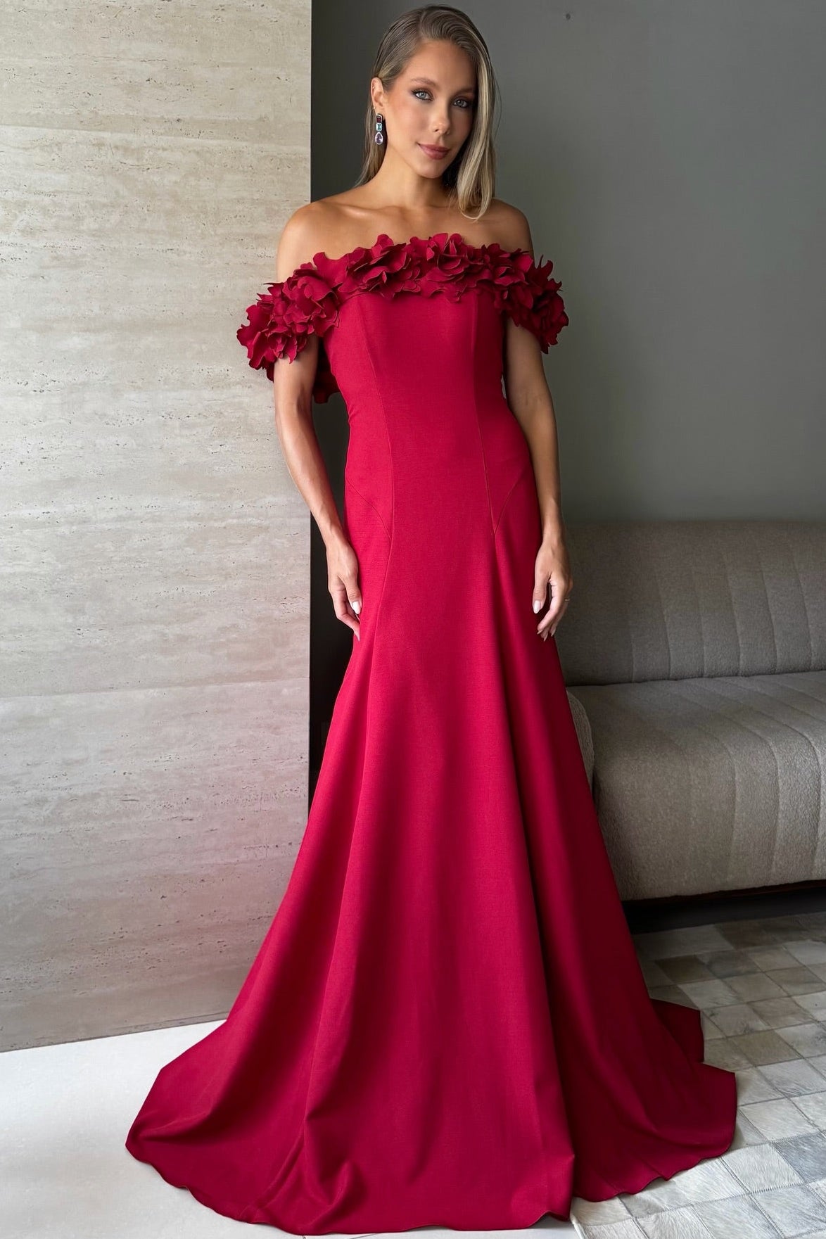 Off-the-Shoulder 3D Floral Crepe Trumpet Gown