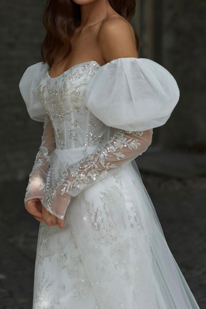 Off-the-Shoulder Tulle Wedding Dress with Sleeves