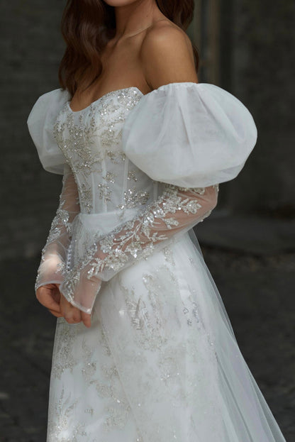 Off-the-Shoulder Tulle Wedding Dress with Sleeves