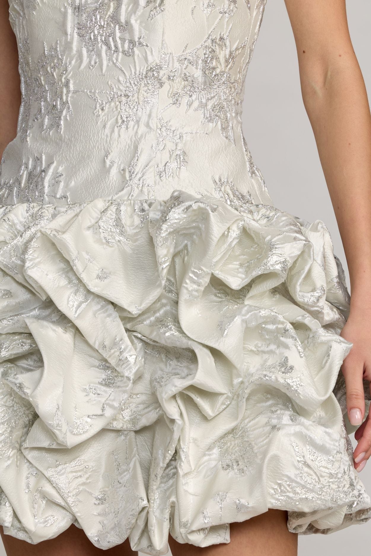 Strapless Jacquard Mini Dress with Ruffled Bubble Skirt