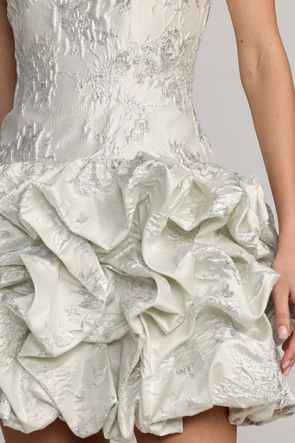 Strapless Jacquard Mini Dress with Ruffled Bubble Skirt