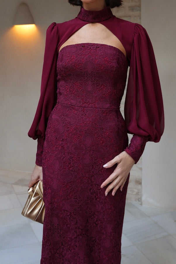 High Neck Cut-Out Midi Dress with Chiffon Sleeves