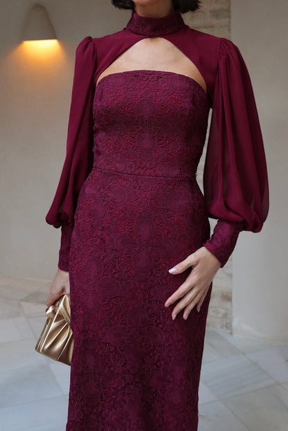 High Neck Cut-Out Midi Dress with Chiffon Sleeves