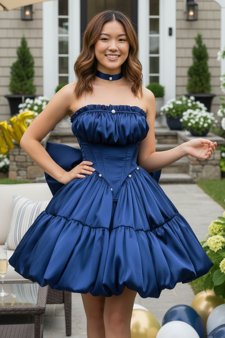 Strapless Satin Mini Dress with Lace-Up Corset Back